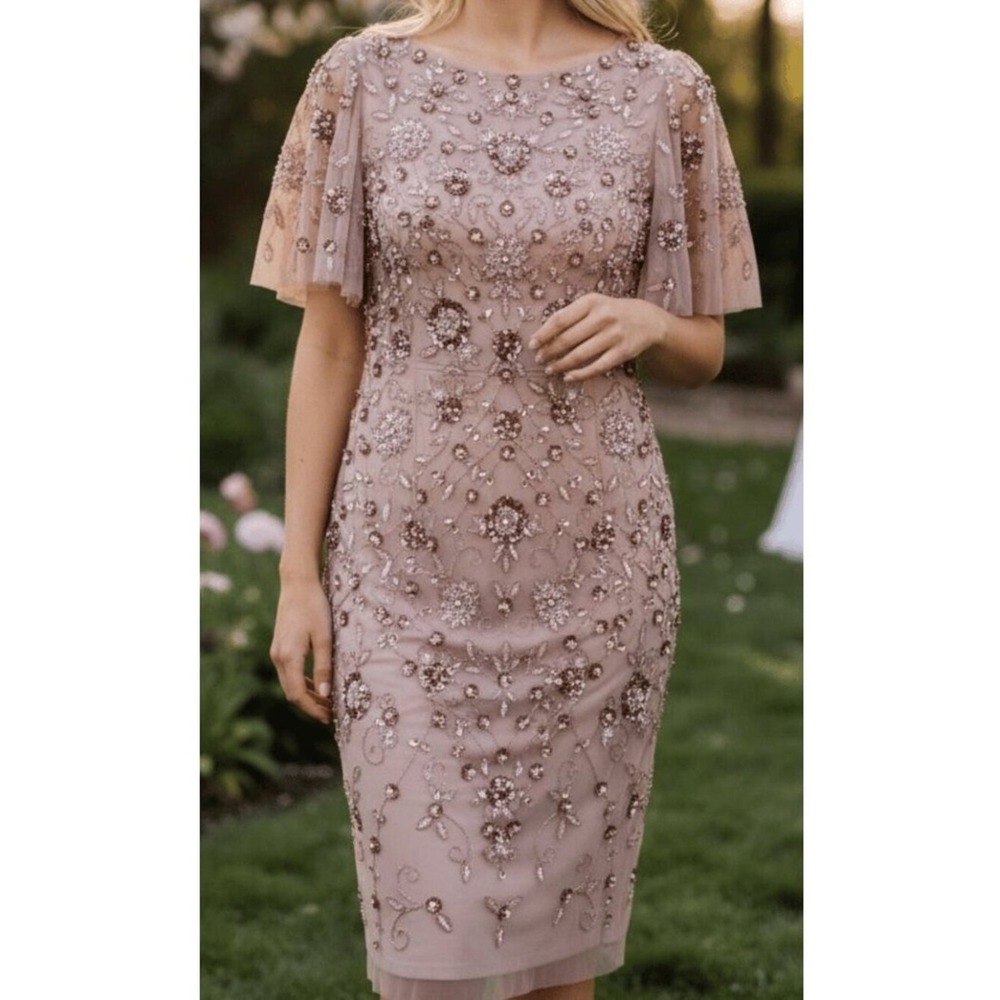 Adrianna Papell Dress 16 Rose Gold Floral Sequin Beaded Cocktail Party Short